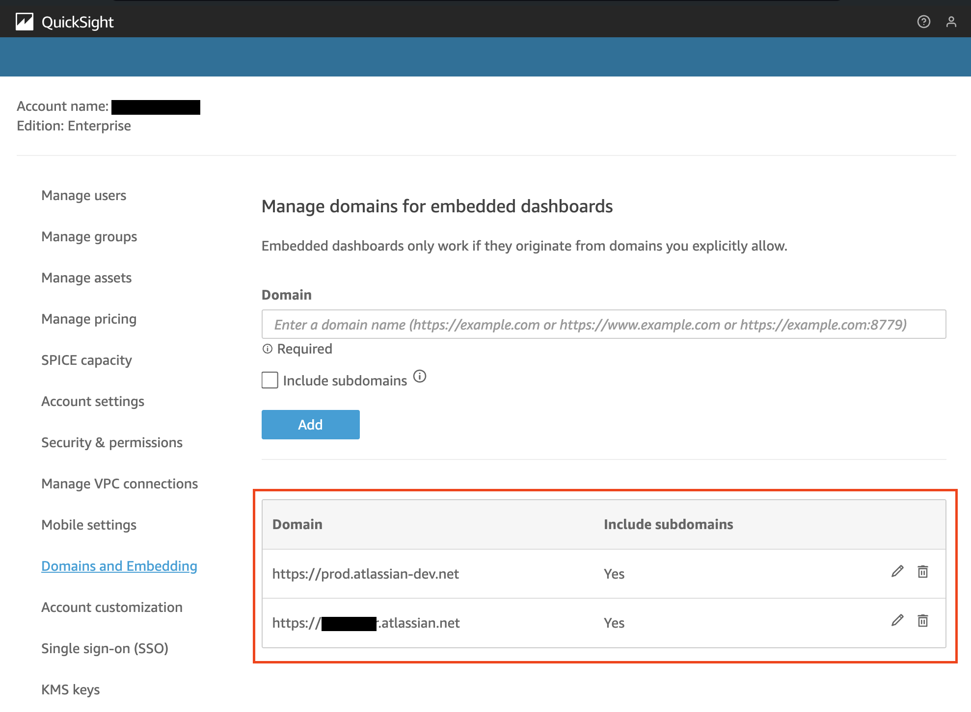 Amazon QuickSight Configuration, Domains and Embedding