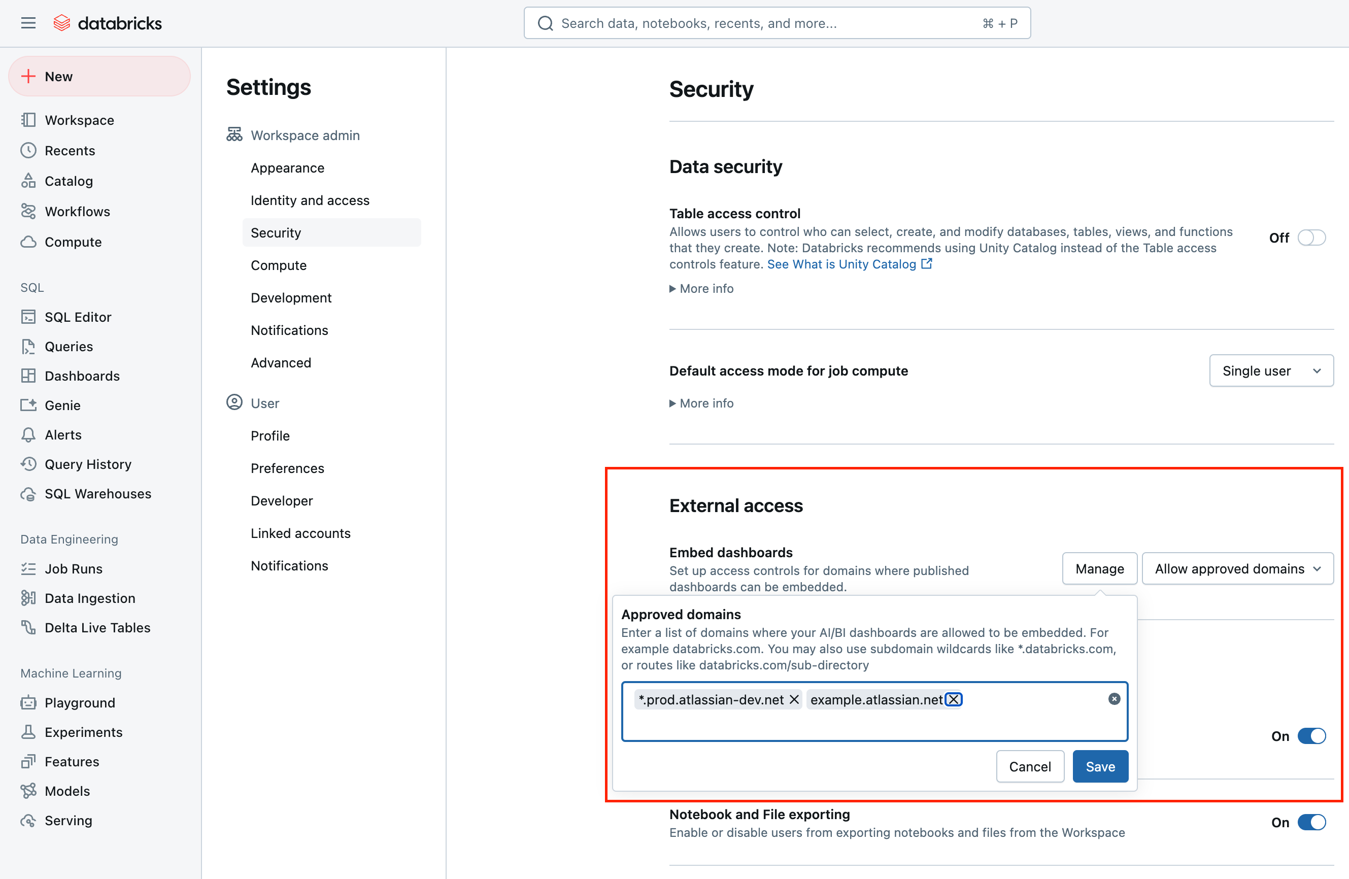 Databricks Configuration, Manage dashboard embedding