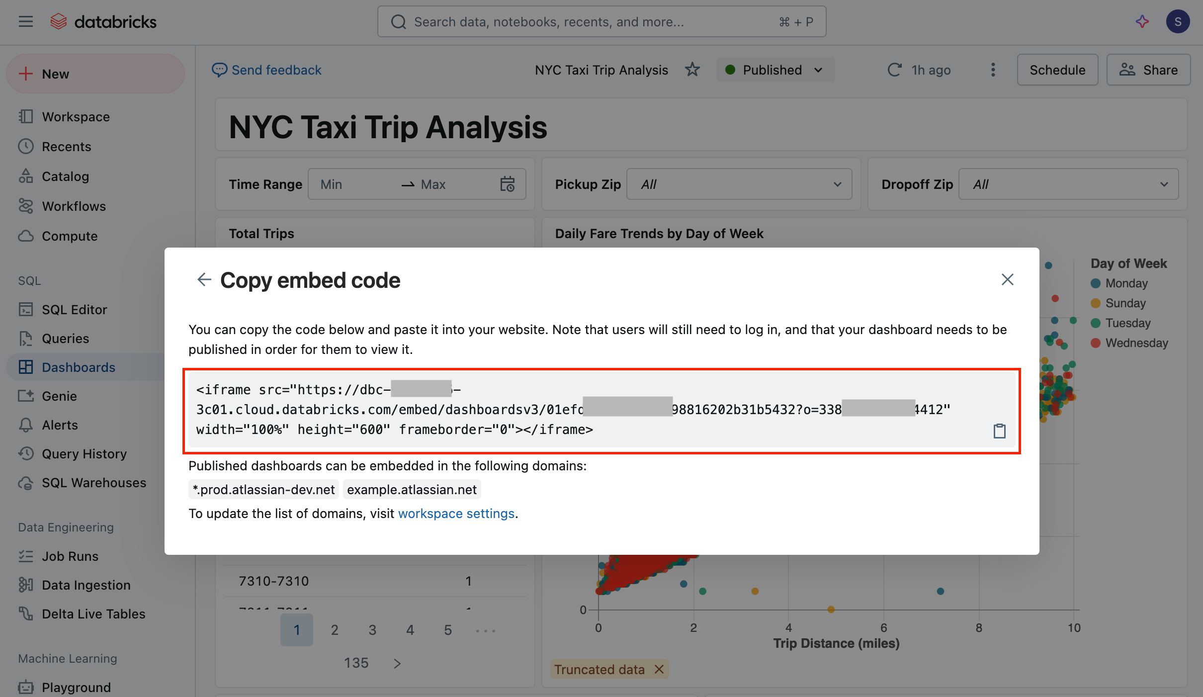 Copy Databricks embed code for dashboards