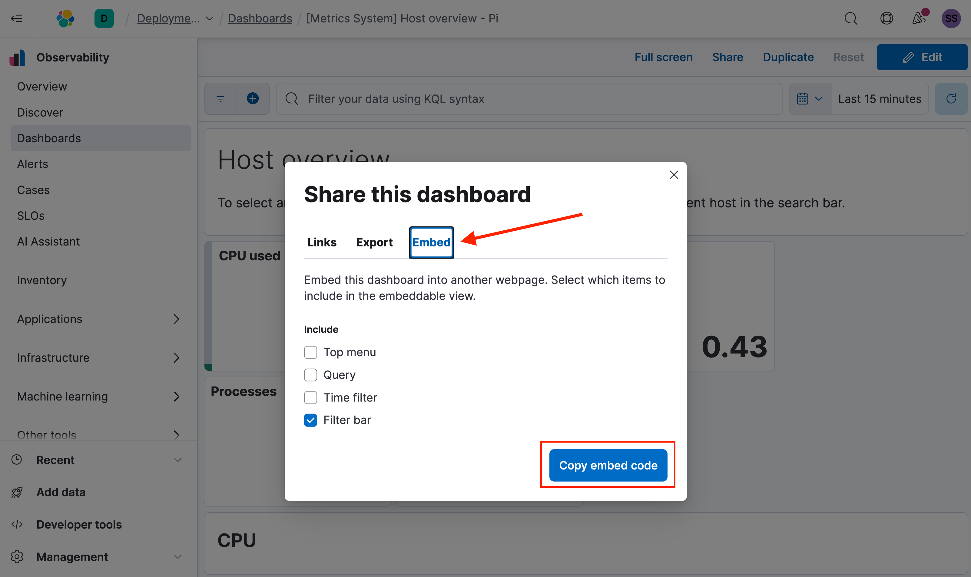 Embed Kibana dashboards