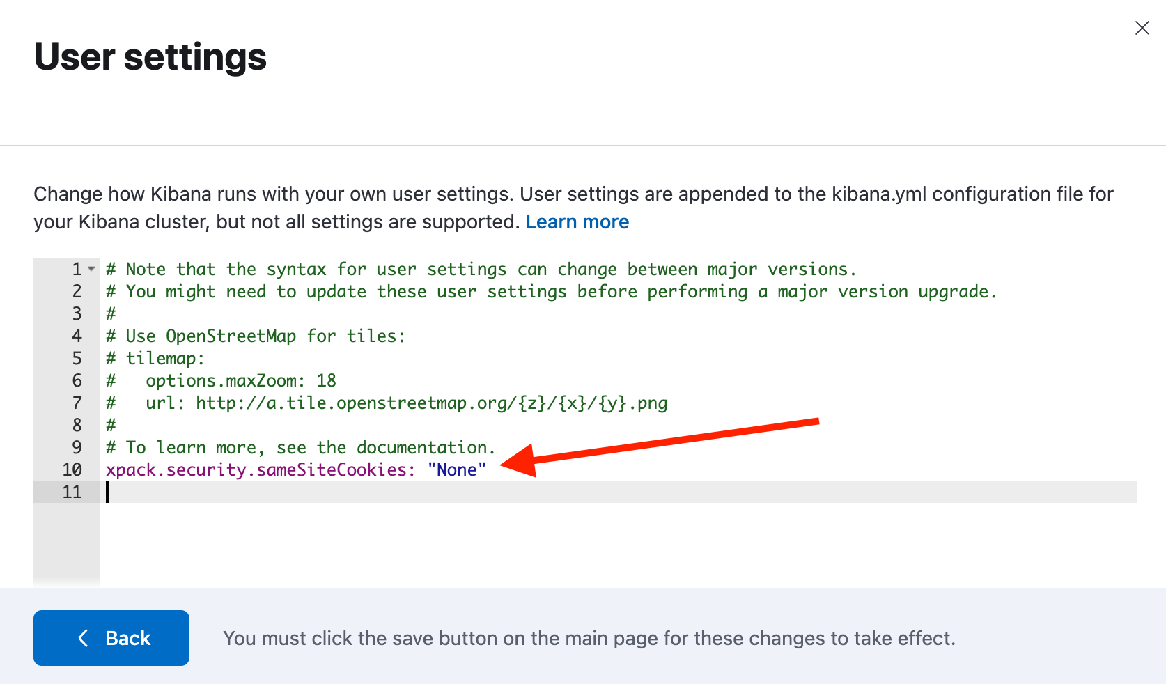 Kibana Configuration, Enable sameSiteCookies in user settings